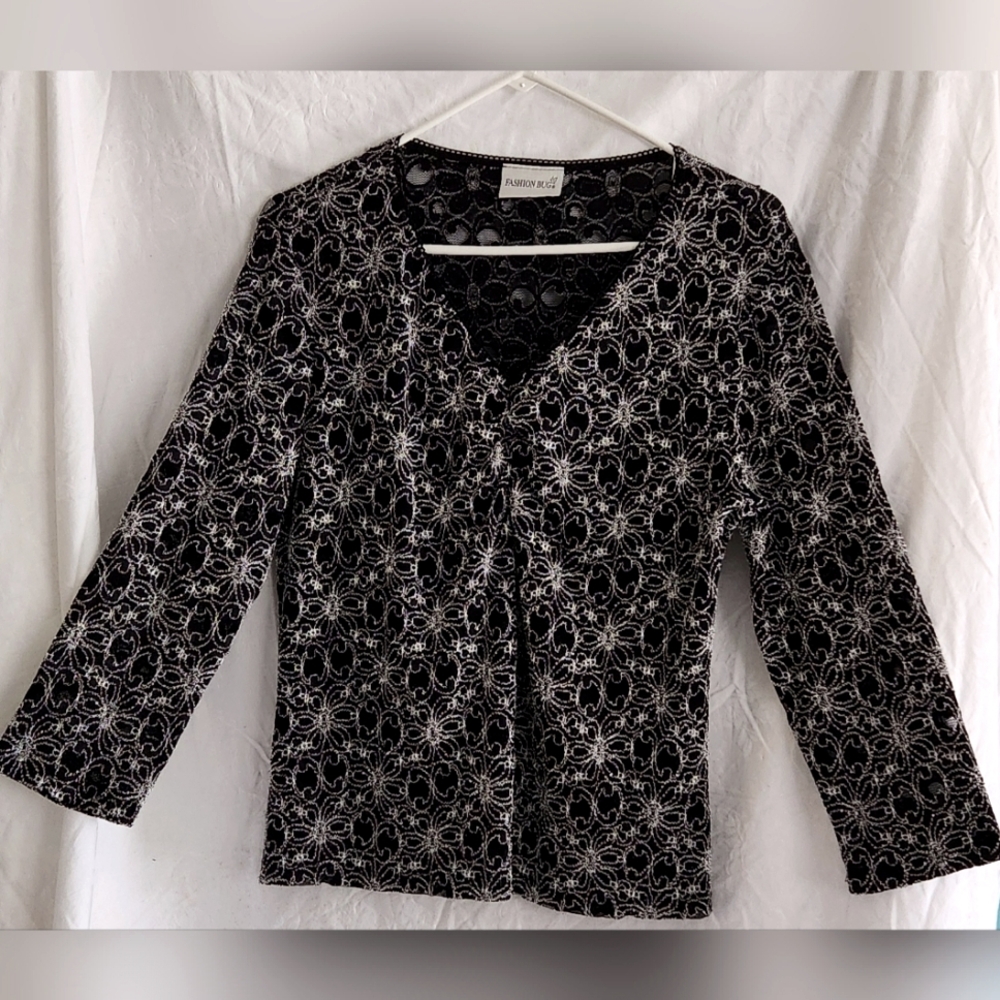 Fashion Bug Women's V-Neck  Lacey Black and Silver top